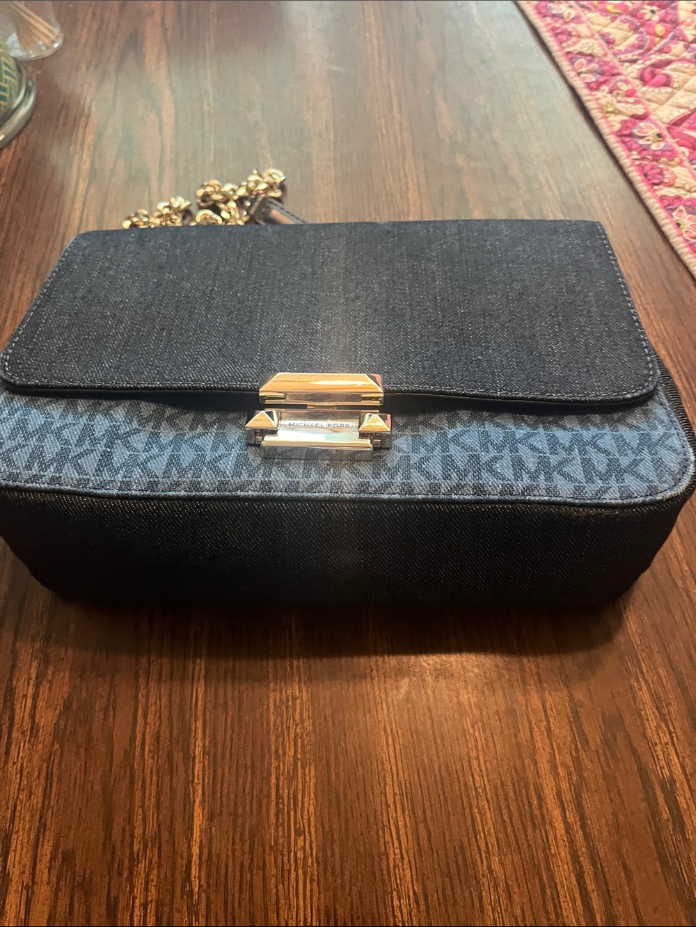 Michael Kors Navy Denim MK Logo Crossbody with Gold Chain